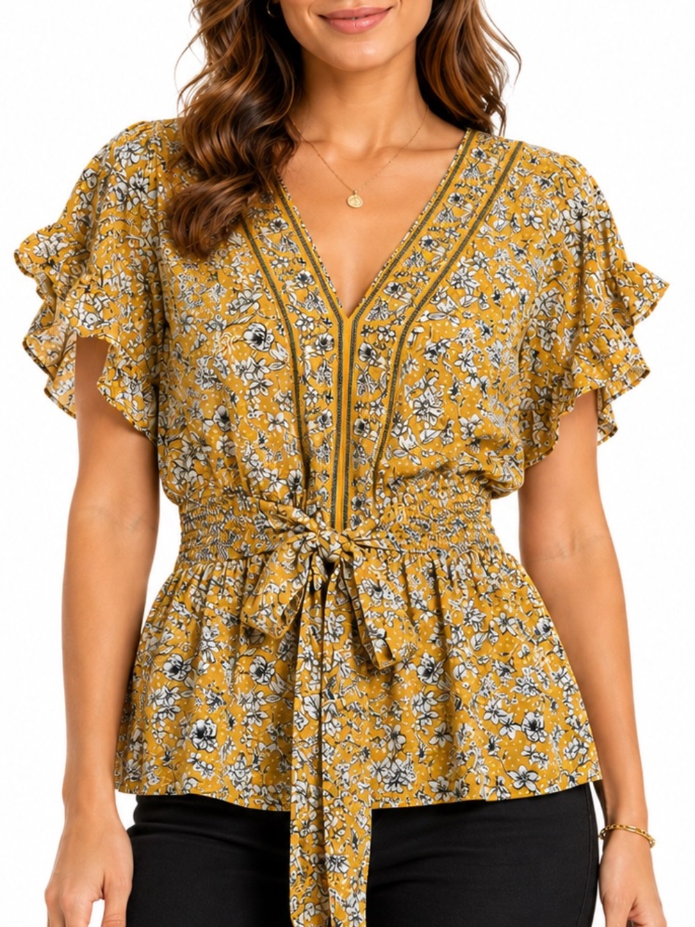 Max Studio Size Large Mustard Yellow Floral Tie Waist Ruffle Sleeve Smocked Top